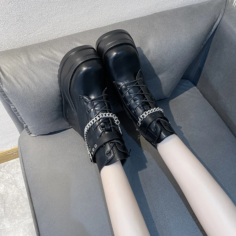 2022 Punk Style Super Wedge Heel Flat Metal Chain Women's Ankle Boots Super Platform Cross Lace Side Zip Muffin Heel Short Boots