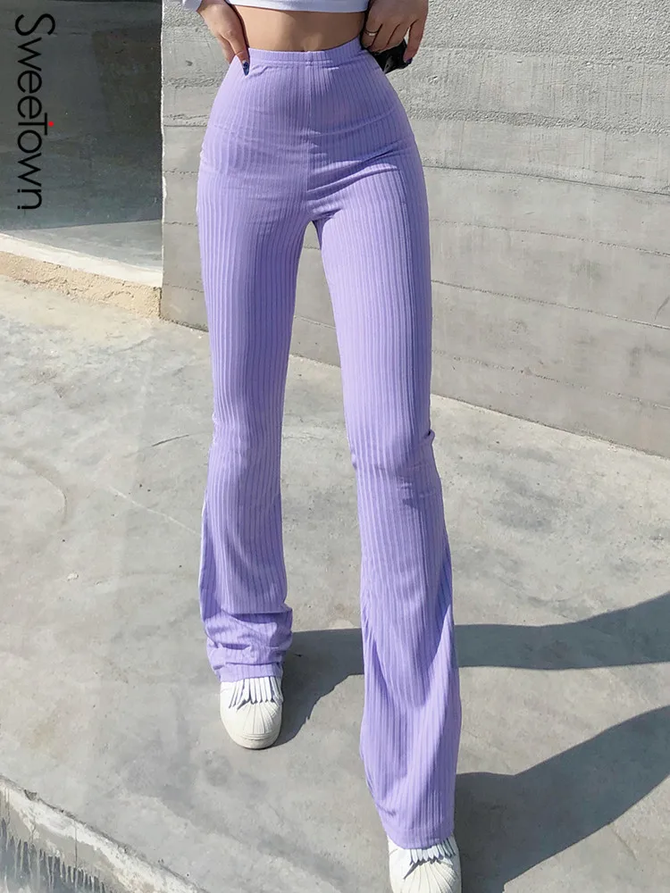 Sweetown Purple Ribbed Joggers Women Knitted Flare Pants Slim High Waist Aesthetic Trousers Female Vintage 90s Sweatpants