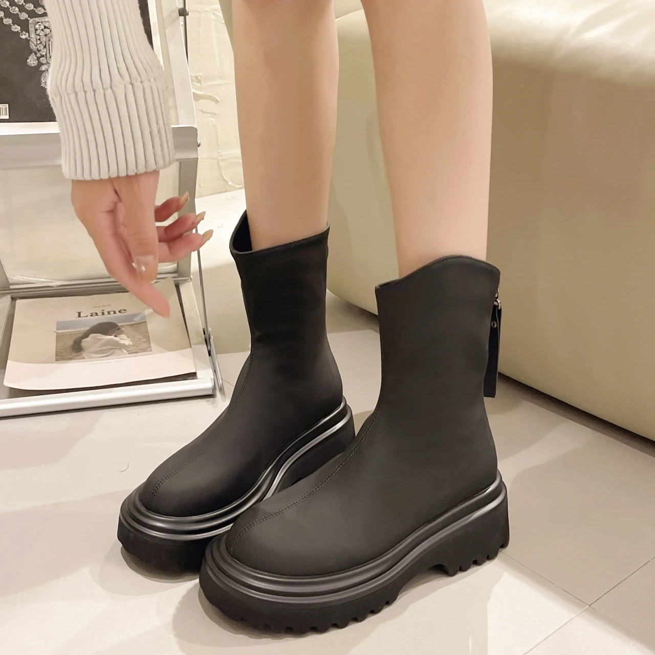 

Ankle Chelsea Boots Women Shoes 2023 New Autumn Winter Flats Motorcycle Boots Round Toe Goth Punk Boots Chunky Mujer Zapatos