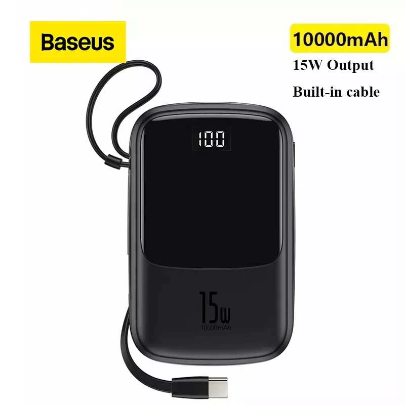 

NEW Baseus Power Bank 10000mAh Built-in Type C Cable 3A 15W Powerbank Phone Charger Digital Display Poverbank Mini Portable Char