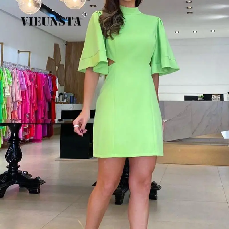 

New High Street Office Commute Lady Dresses Autumn Short Sleeve Slim Waisted Mini Dress Women Solid Hollow Backless A-Line Dress