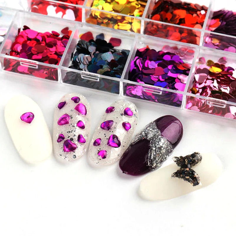

12 Grid Holographic Nail Art Glitter Shiny Sweet Love Heart Flakes Sequins 3D Nails Paillette Manicure Valentines Day Decoration