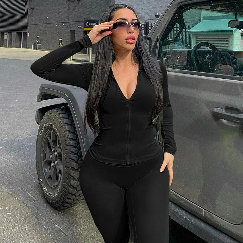 

2022 Women Fashion Long Sleeve Solid Zip Up Sexy Slim Tops Bandage Pants 2 Pcs Set Fall Streetwear Sports Y2K Tracksuit