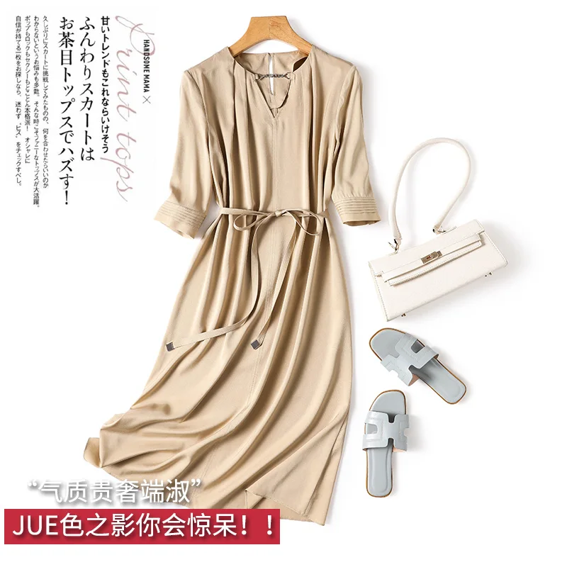 

SHUCHAN 90% Natural Silk New Design Fashion Vestidos De Mujer Summer Dress Women Mid-Calf Three Quarter Sleeve