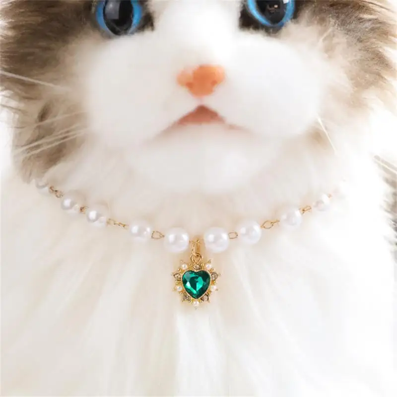 

Pet Collar Luxury Pearls Cat Collar Heart Gem Pendant Party Reflective Rhinestone Necklace Adjustable Cats Puppy Pet Accessories