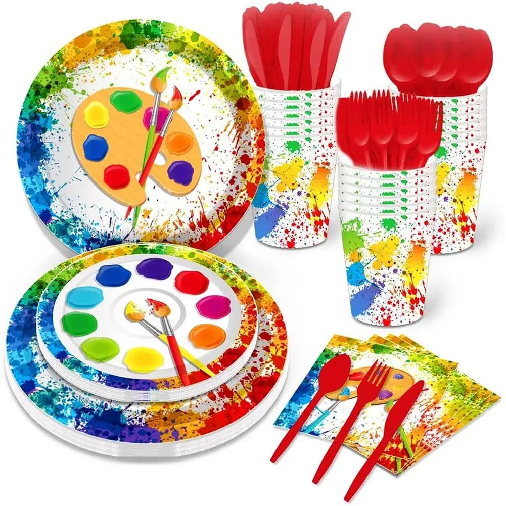 

68pcs Artist Painting Party Supplies Birthday Playing Cards Disposable Tableware Set Plates Napkins Cups Set For Kids Wholesale