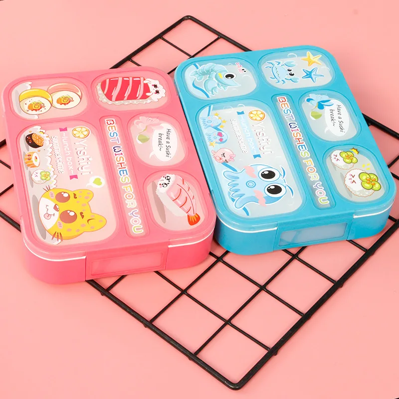 Kids Bento Lunch Box 1000ML Leak Proof Food Container with Fork and Chopsticks Cartoon Sticker 5/6 Grid for student Boys Girls