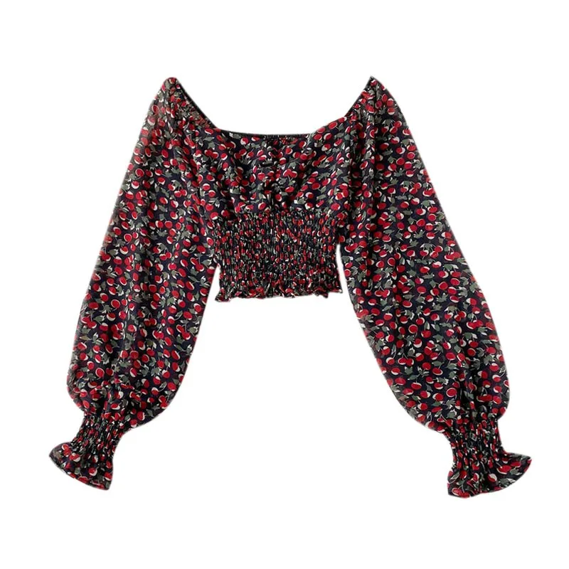 

Women Slim Fit Square Collar Chiffon Blouse Girlish Style Floral Lantern Long Sleeve Crop Tops Casual Wild Tunic Tops