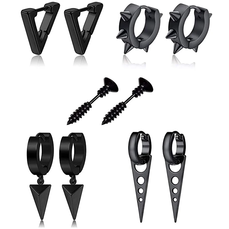 

5 Pairs of Punk Style Stainless Steel Geometric Triangle Earrings Screw Stud Earrings Men and Women Youth Gifts Black Gold Steel
