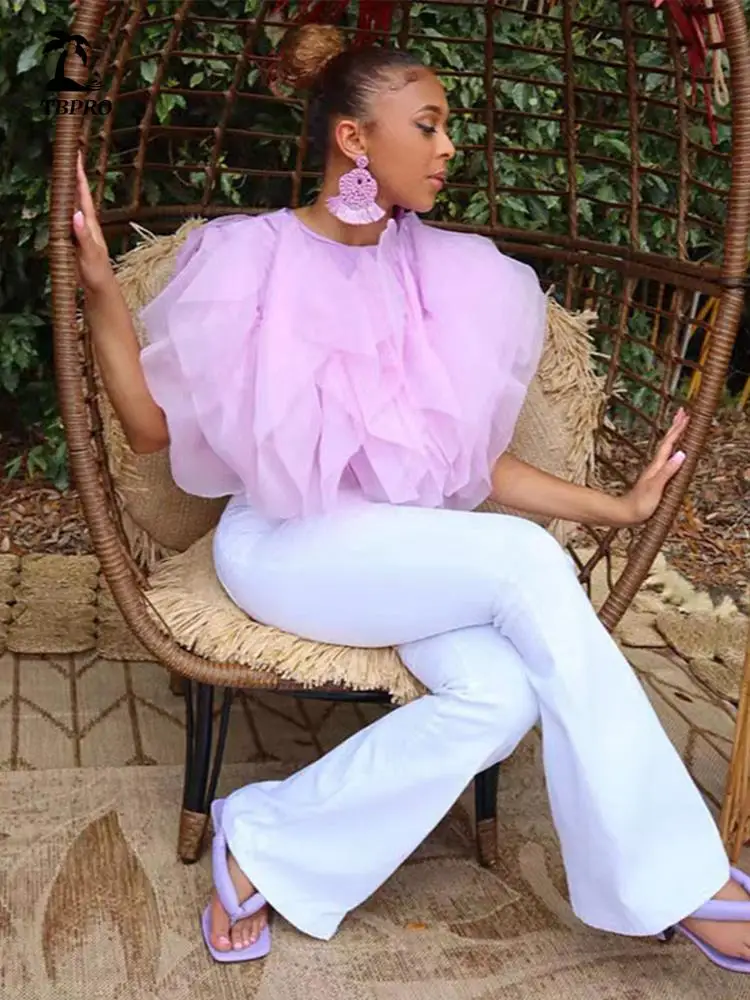 

Женские шифоновые многослойные топы 2022, летняя уличная одежда без рукавов, модные элегантные однотонные пушистые рубашки с лепестками