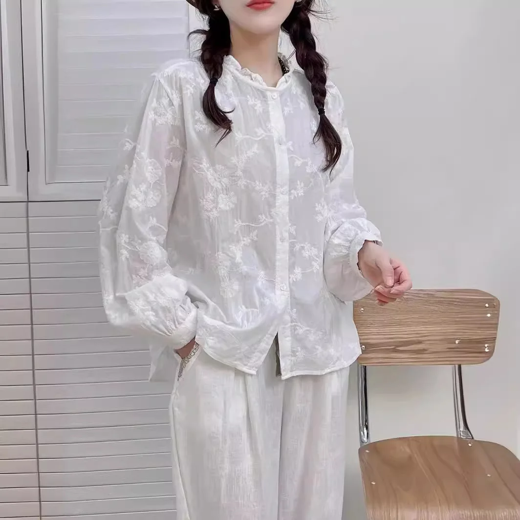 Новинка осенняя хлопковая рубашка с длинным рукавом женские кружевные топы со