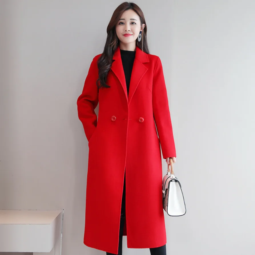 

Women Elegant Long Wool Coat Blue Classic Korean Woolen Overcoat Warmness Outwear Autumn Winter Single Button Fashion Women