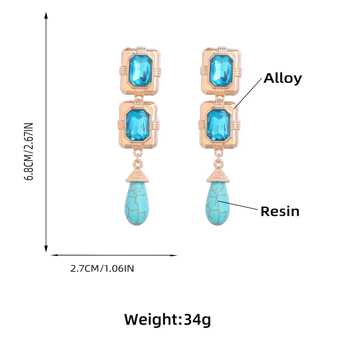 Vintage Long Drop Earrings Statement Metal Rhinestone Turquoise Water Drop Pendant Earrings for Women Fashion Party Jewelry Gift