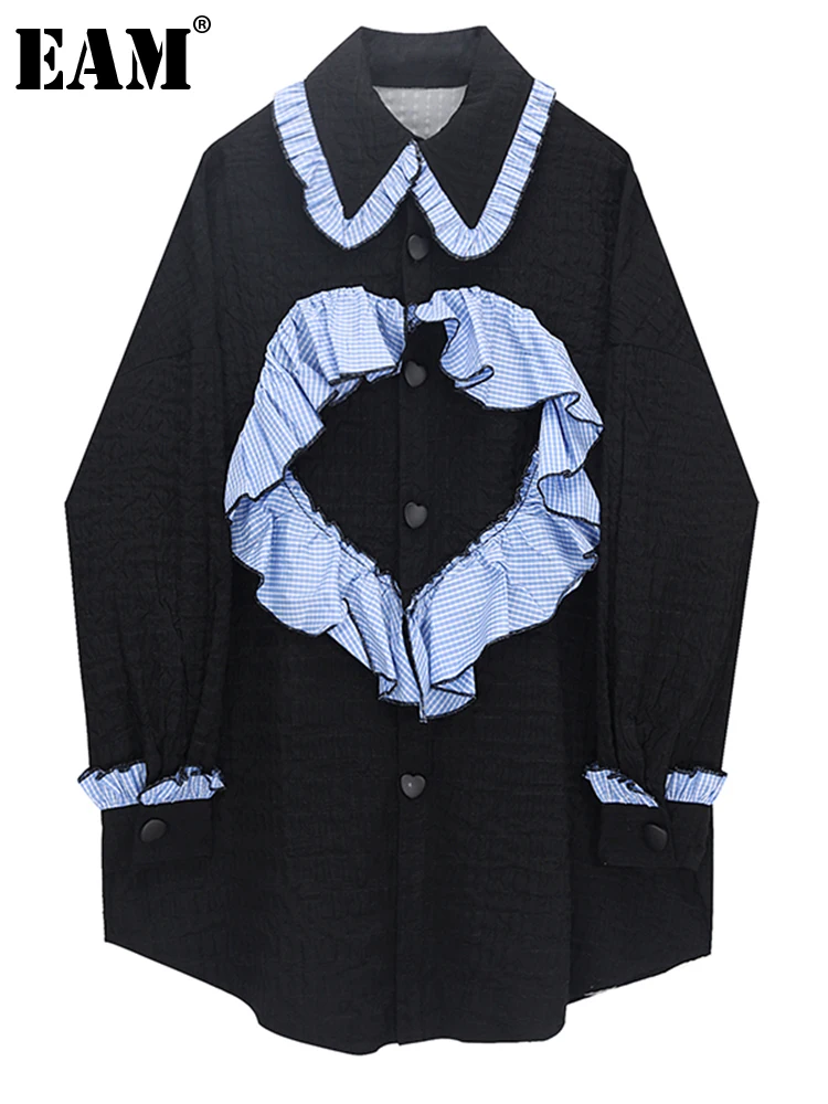 

[EAM] Women Striped Ruffles Big Size Long Blouse New Lapel Long Sleeve Loose Fit Shirt Fashion Tide Spring Autumn 2022 1DE690