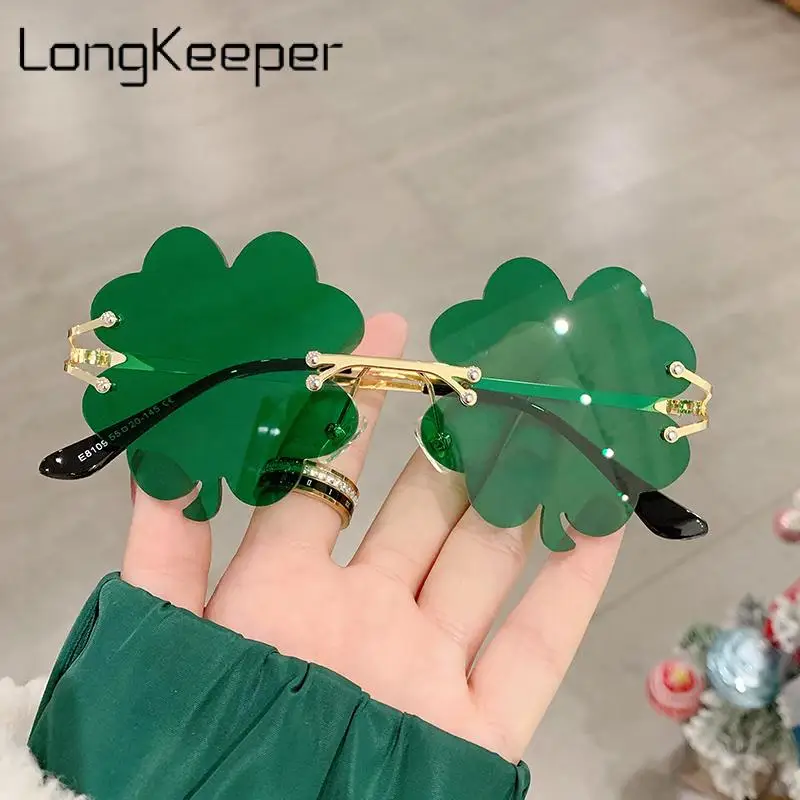 

2023 St. Patrick's Day Green Four Leaf Clover Sun Glasses Irish Shamrock Sunglasses Fashion Rimless Leprechaun Costume Glasses