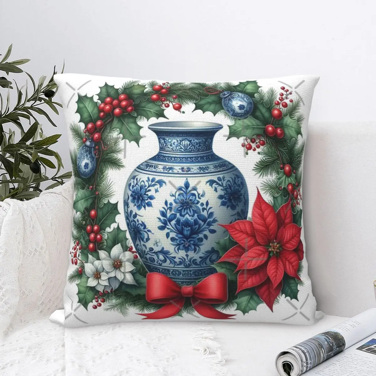 Рождественский венок в стиле шинуазри с сине-белым фарфоровым имбирным баночком