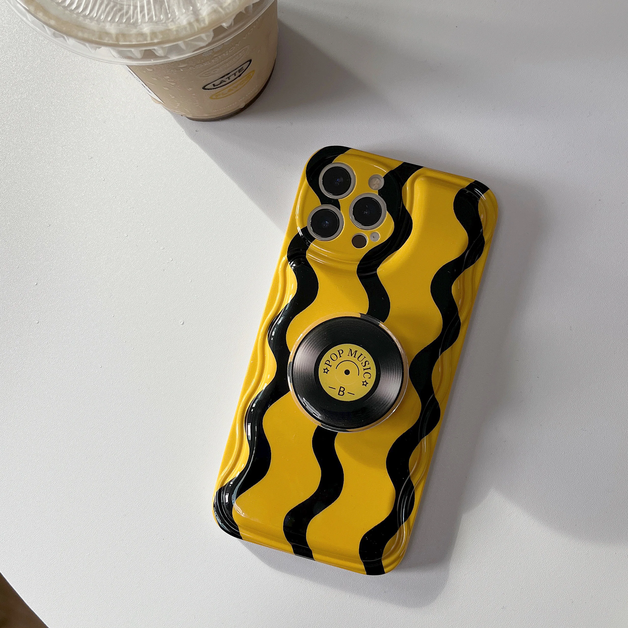 Korean INS Yellow Stripes Vinyl Record Stand Case for iPhone 11 12 Pro Max 8 7 Plus Xr Xs Max X Soft Back Cover Coque Capa
