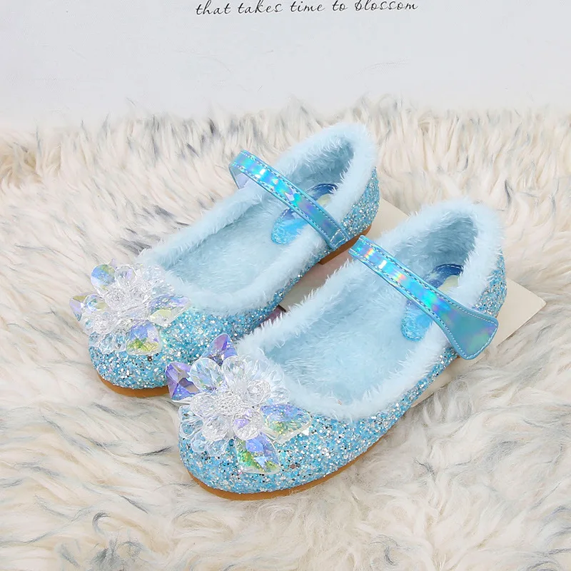 Children's Princess Shoes Plush Autumn and Winter Girls' Cotton Shoes Baby Fur Shoes Aisha Crystal Shoes Little Girls' Shoes