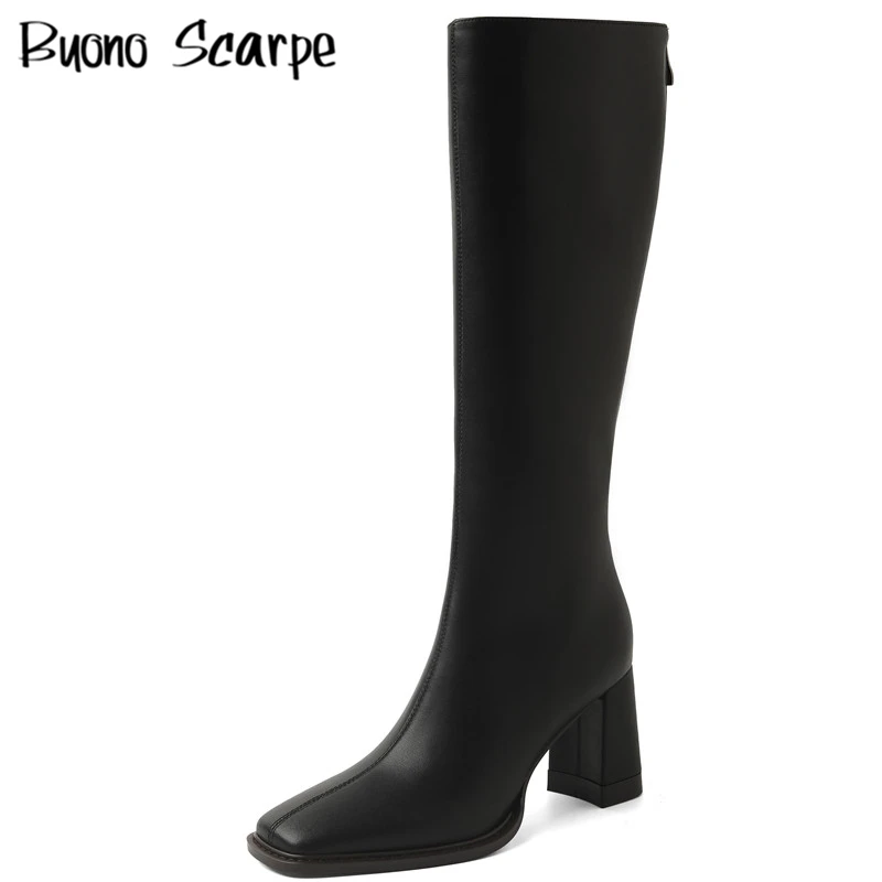 

Women Leather Knee High Boots Chunky High Heel Long Boots Square Toe Zipper Riding Boots Office Lady Concise Solid Shoes Botas