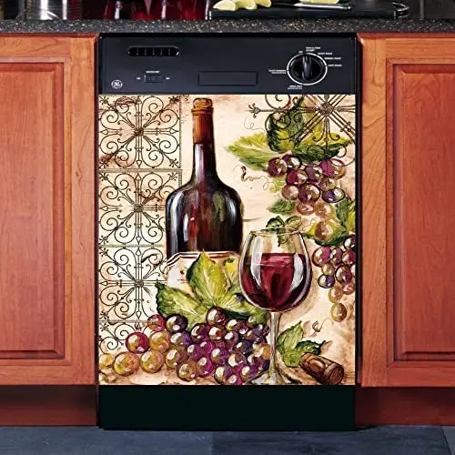 

Magnetic Vineyard Dishwasher Cover,Kitchen Decor Wine Bottle Refrigerator Magnet Grape Decal, Red Wine Fridge Door Cover, Home A