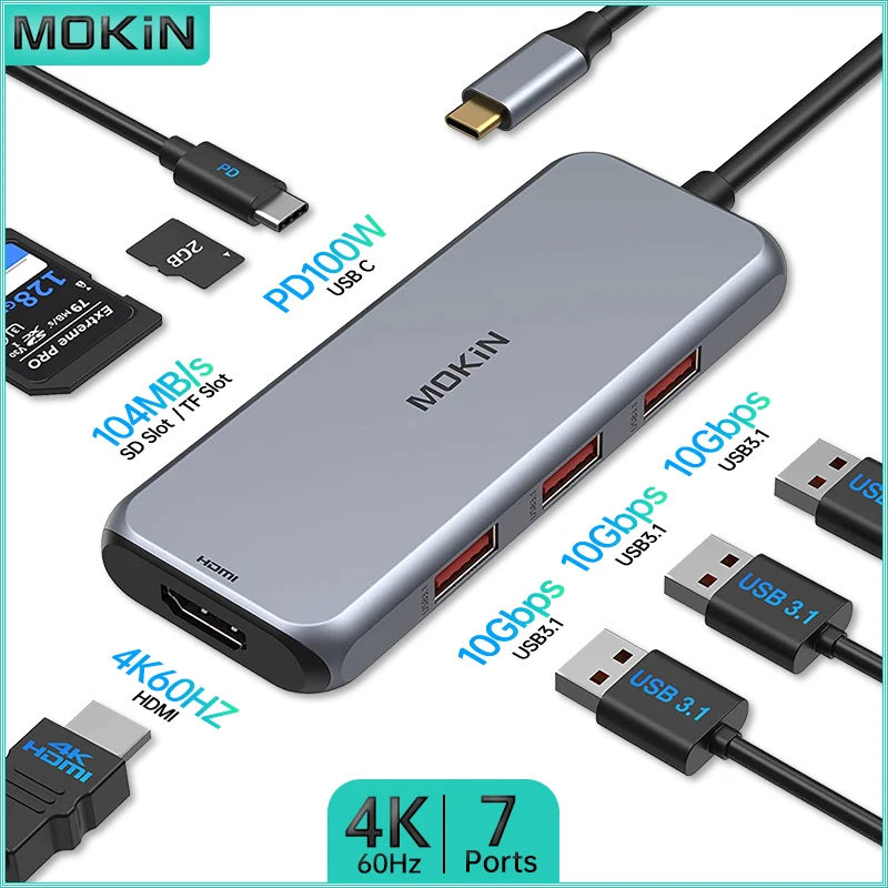

Док-станция MOKiN 7 в 1 — USB3.1, HDMI 4K60 Гц, PD 100 Вт, SD, TF — совместима с MacBook Air/Pro, iPad, ноутбуком Thunderbolt