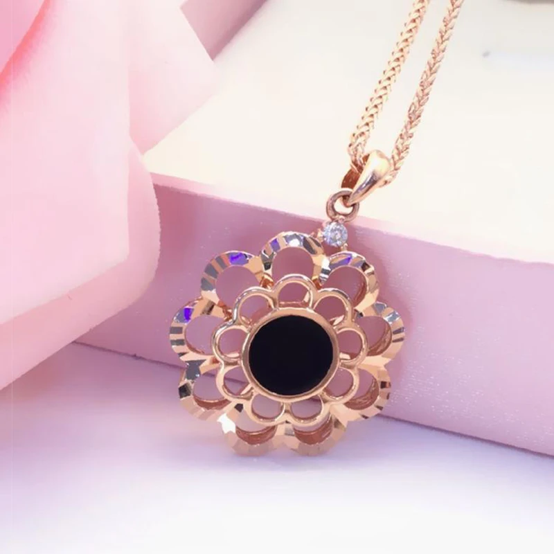 

585 Purple Gold Plated 14K Rose Gold Black Enamel Flower Pendant neckalce for woman New Exquisite Glamour Engagement Jewelry