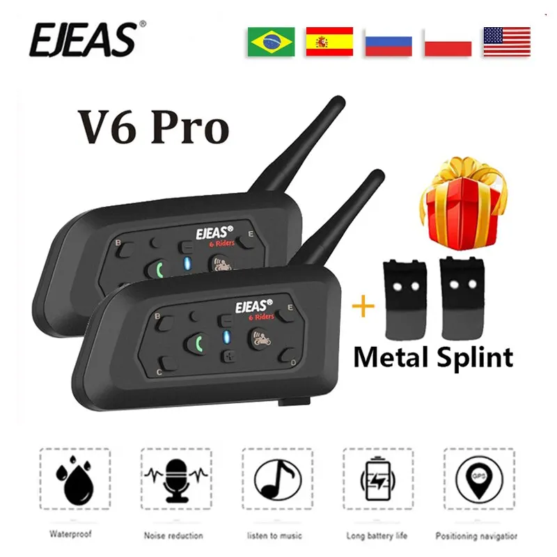 EJEAS V6 PRO Motorcycle Bluetooth Helmet Intercom Headset 1200M Interphone for 6 Riders Waterproof Music Player