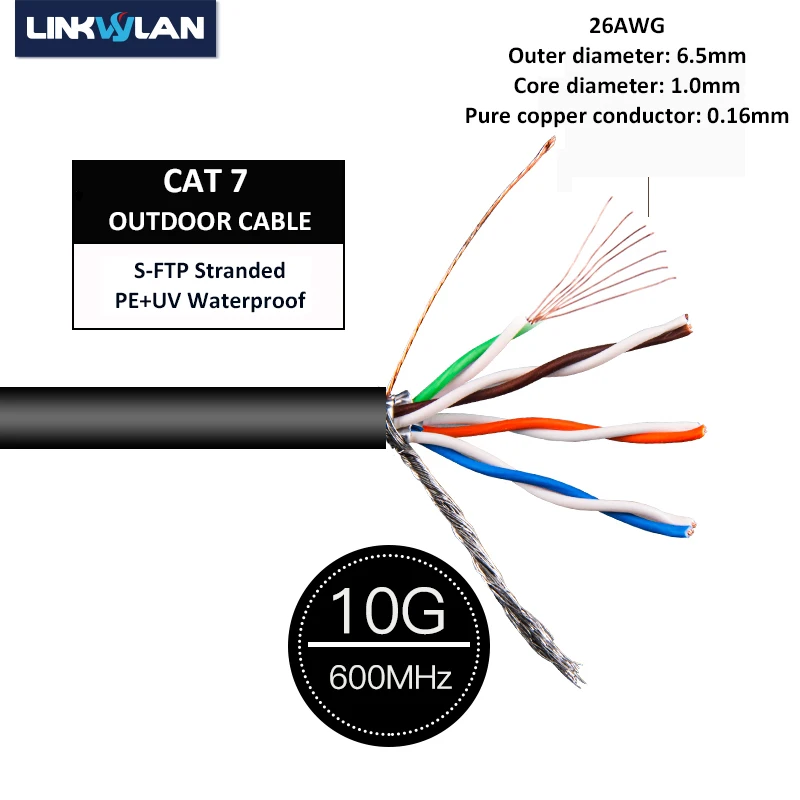 (Цена за метр) сетевой Cat7 SFTP наружный кабель экранированный 26AWG многожильные медные провода PE внешняя оболочка водонепроницаемая и устойчивая к ультрафиолетовому излучению