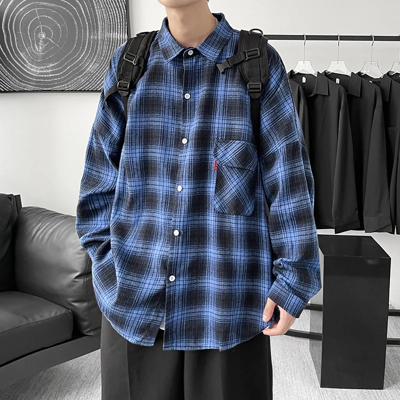EOENKKY/Spring Japanese Fashion Plaid Shirt Men's Casual Loose Long-sleeved Shirt Harajuku Street Large Size Retro Men's Top