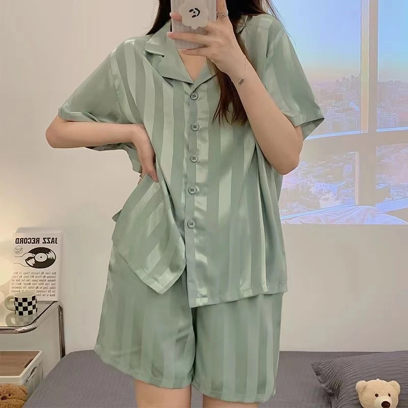 Pajamas women's summer short-sleeved Korean striped jacquard simulation silk home wear set plus size