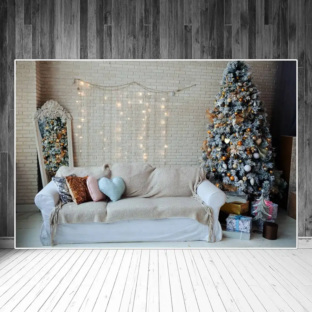 

Фон для фотосъемки с изображением рождественской елки дивана светящейся кирпичной стены комнаты интерьера фотобудки
