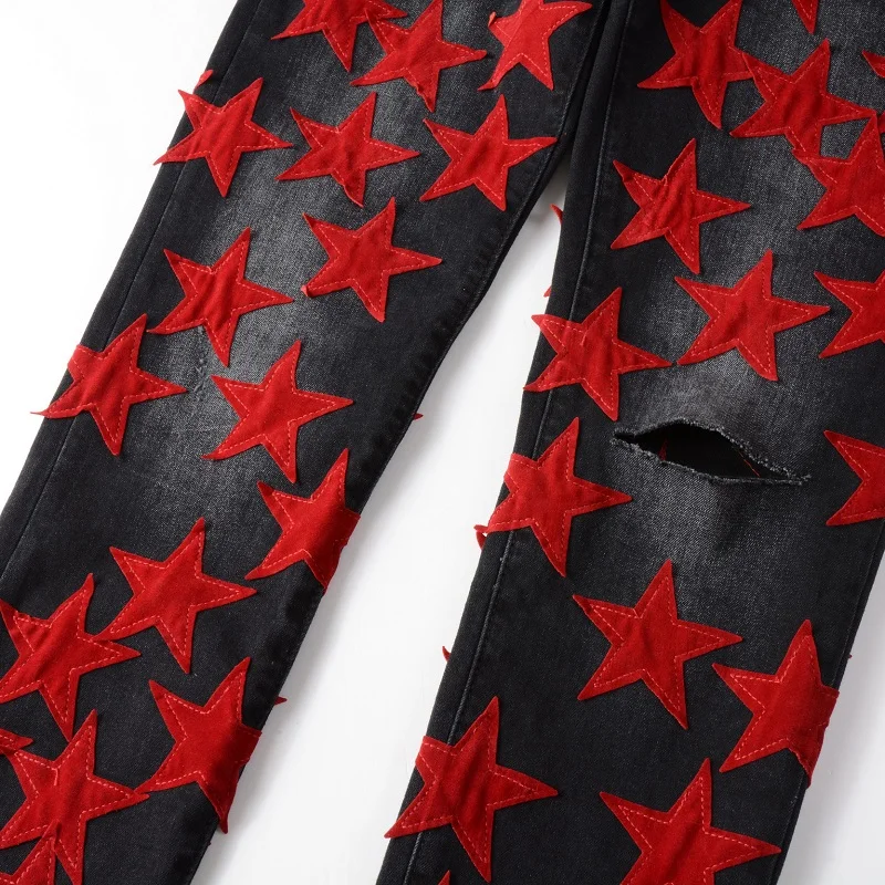 New Mens Black Slim Fit Streetwear Fashion Distressed Denim Pants Skinny Stretch Red Stars Leather Stars Patchwork Ripped Jeans
