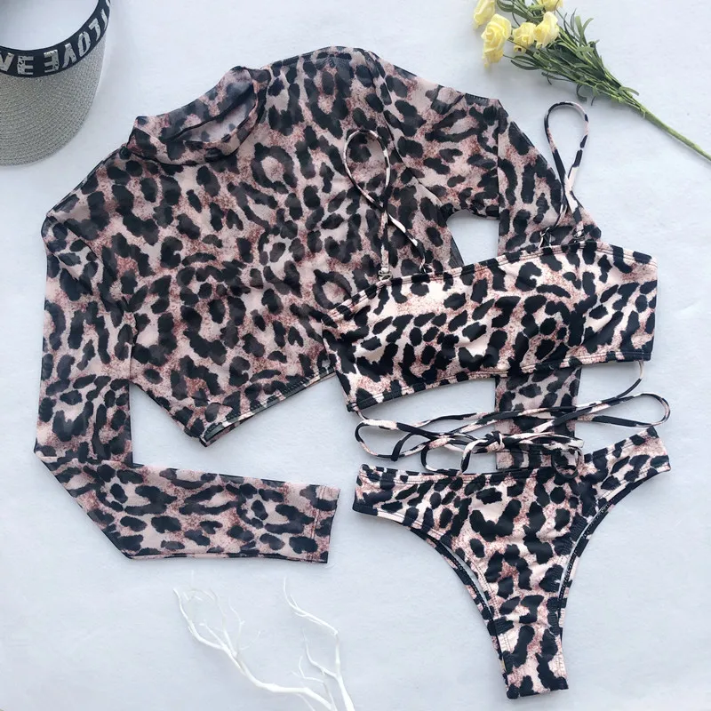 

Long Sleeve 3 Piece Swimsuit High Cut Leopard Cover Up Push Up Bikini Separate Sports Bandage Bathing Suit Thong Swimwear 2022