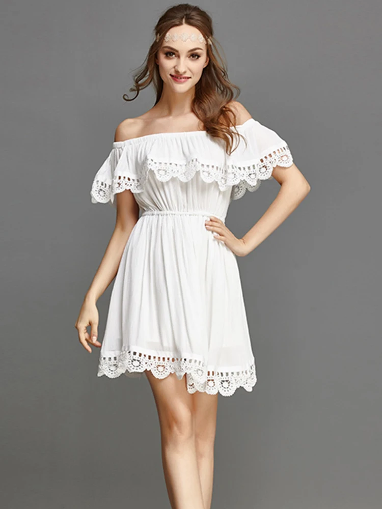 

CUHAKCI, летнее сексуальное кружевное платье с открытыми плечами, с цветочным вырезом, повседневное, короткое, Пляжное, белое, мини