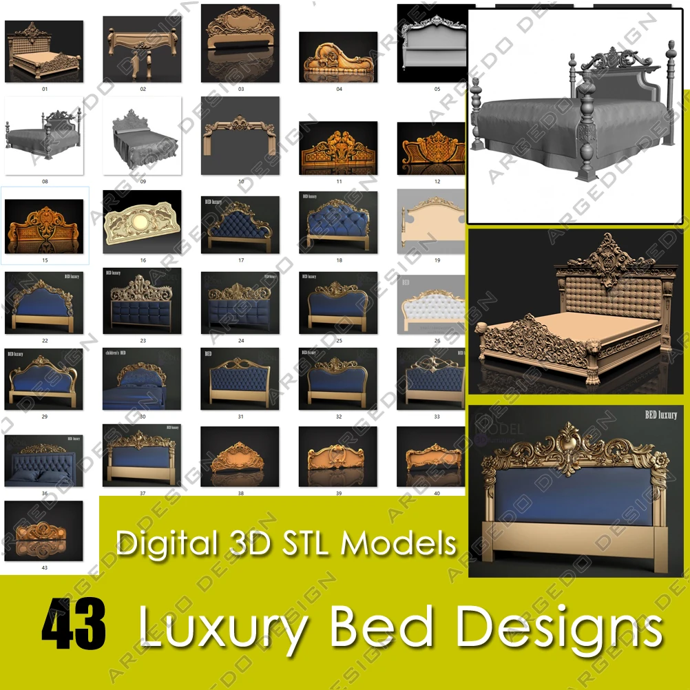 

43 цифровые 3D модели STL роскошный комплект кровати изголовье кровати коллекция дизайнов ЧПУ рельефный план для ЧПУ маршрутизатора круглой г...