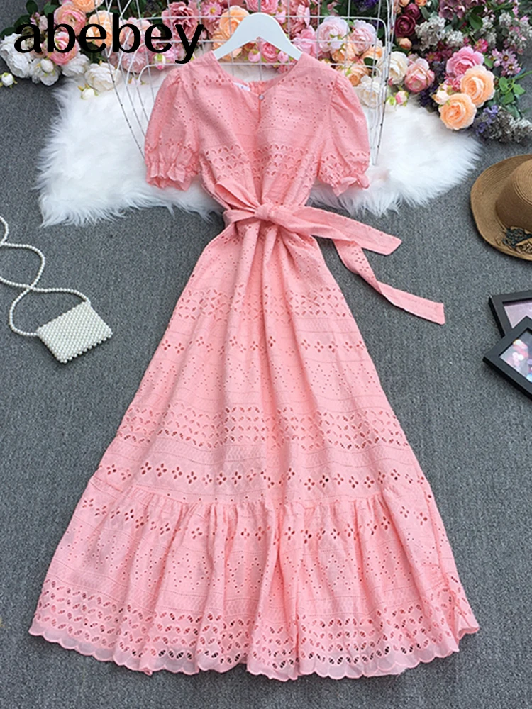 

2022 New Summer Women Temperament All-match V-neck puff sleeve Dress waist slim hollow out solid Dress