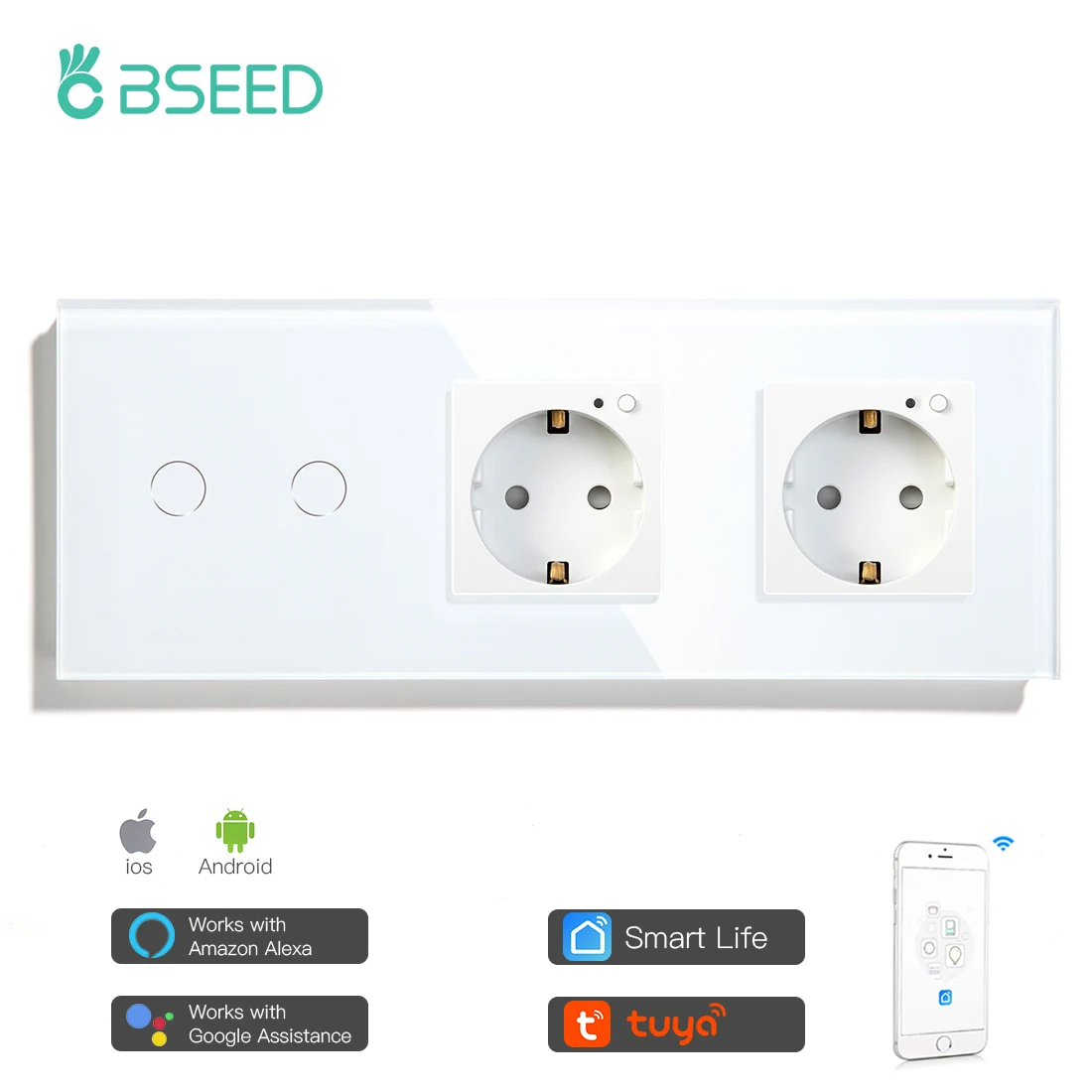 

BSEED Wifi Light Switches Glass Switch 2Gang 1/2/3/4Way Google Smart Life Double EU Wifi Plugs Blue Backlight Sensor Switch