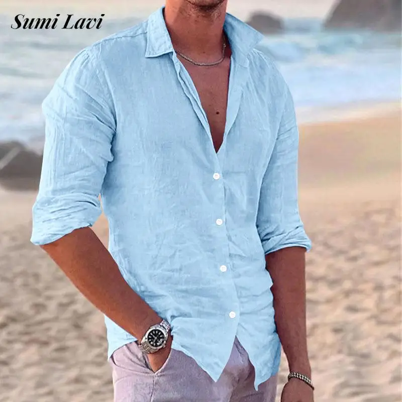 

Рубашка мужская с длинным рукавом, дышащая пляжная Повседневная Свободная хлопковая льняная рубашка, модный топ с воротником на пуговицах, осень