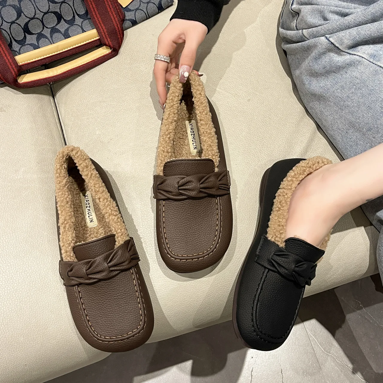 

2022 Женская осенне-зимняя кожаная обувь, зимняя женская обувь, элегантная женская обувь на низком каблуке, лоферы из овечьей шерсти, новая об...