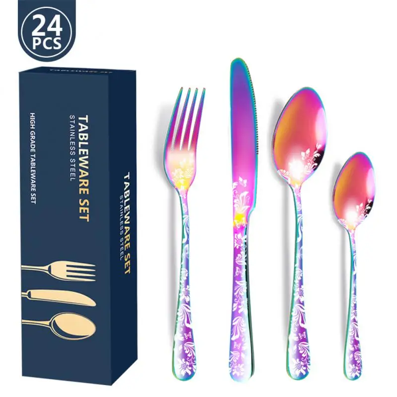 

Explosive Pattern Stainless Steel Cutlery Set Western Steak Dinnerware Set Knife Fork Spoon Set Kitchen Tableware Sets New