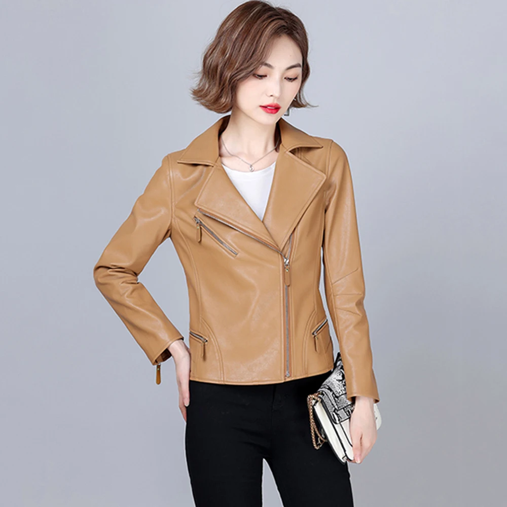 New Women Moto Leather Jacket Fashion Classic Suit Collar Slim Biker Coat Split Leather Outerwear Sheepskin Tops Coat Female