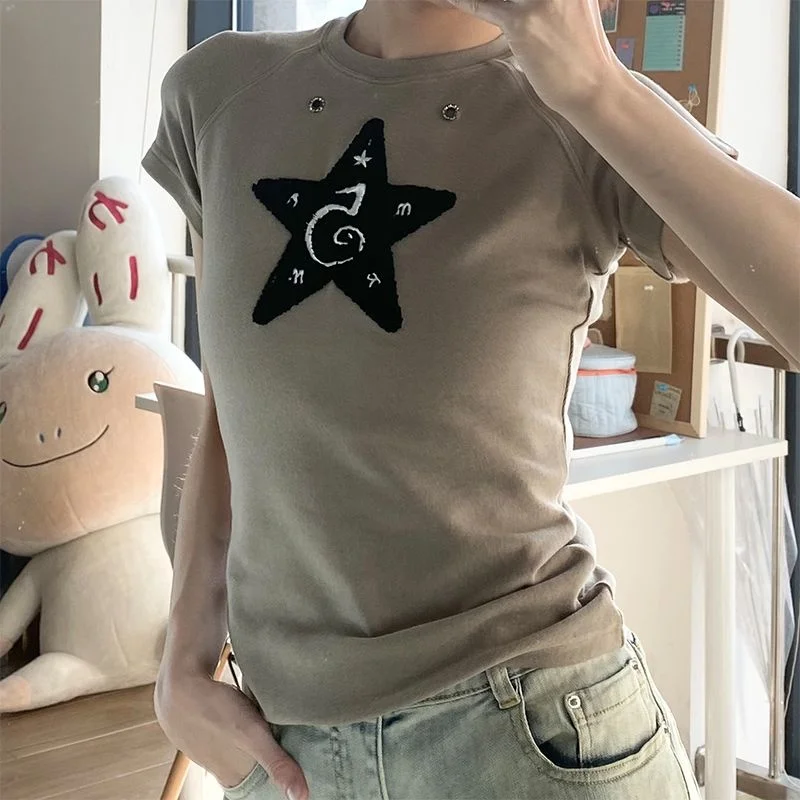 

Новинка, модная облегающая футболка со звездами и коротким рукавом, Y2k, тренд 2023, уличная одежда в стиле хип-хоп, женские футболки 90-х годов, винтажная искусственная кожа