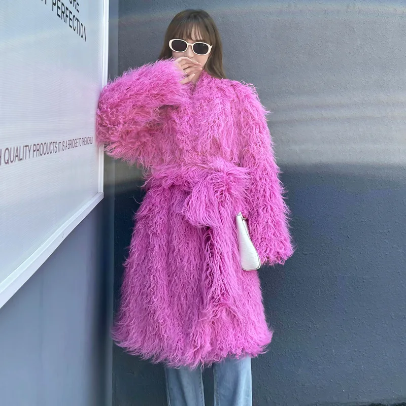 HJQJLJLS 2022 Winter New Fashion Streetwear Women Faux Sheep Fur Coat with Belt Female Lapel Long Furry Jacket Festival Clothes