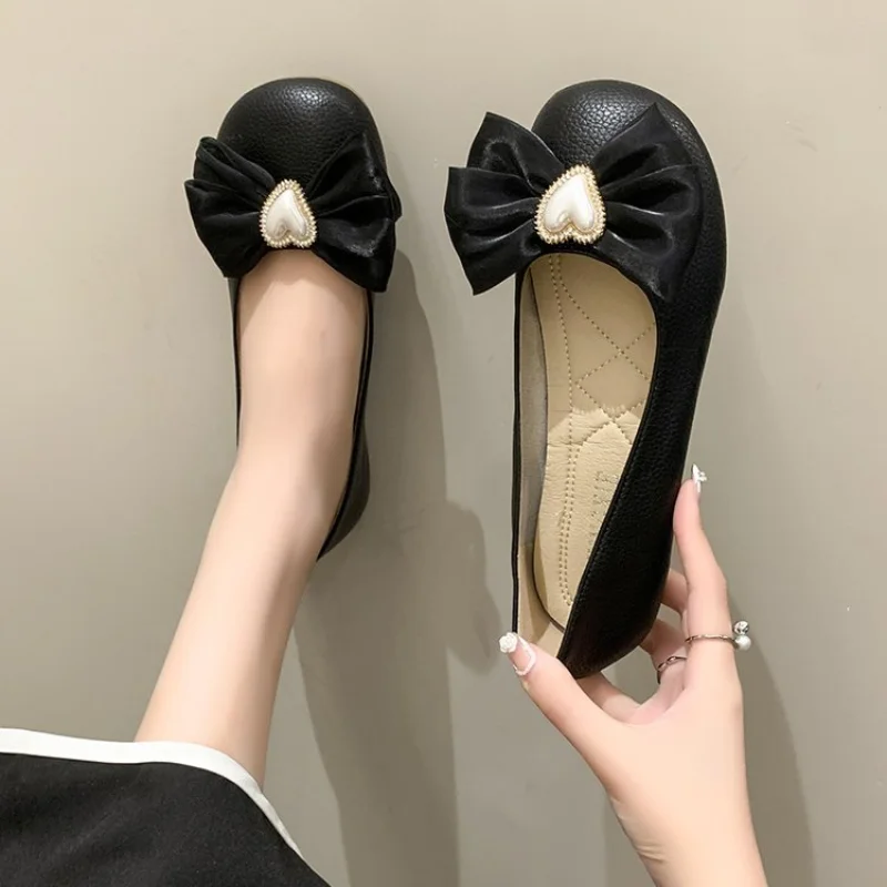 

Балетки женские с круглым носком, однотонные, в стиле ретро, с бантом, плоская подошва, модные, 2023