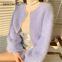 sweet lantern sleeve faux mink cashmere sweater knitted cardigan korean beads 2021 new knitwear open stitch fashion tide slim