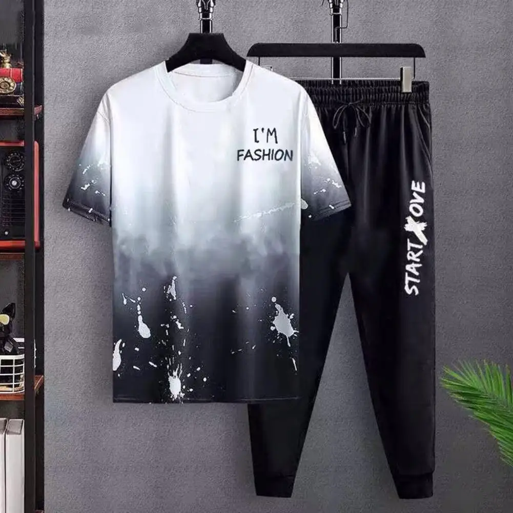 

2Pcs/Set Men Summer Sport Outfit O-Neck Short Sleeve T-shirt Elastic Waistband Drawstring Pockets Sweatpants Casual Outfit