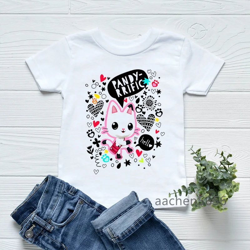 Girls T-Shirts Cute Gabbys Doll House Cartoon Print Clothes Kids Tshirt Fashion Casual Baby Tee White Tops,Drop Ship