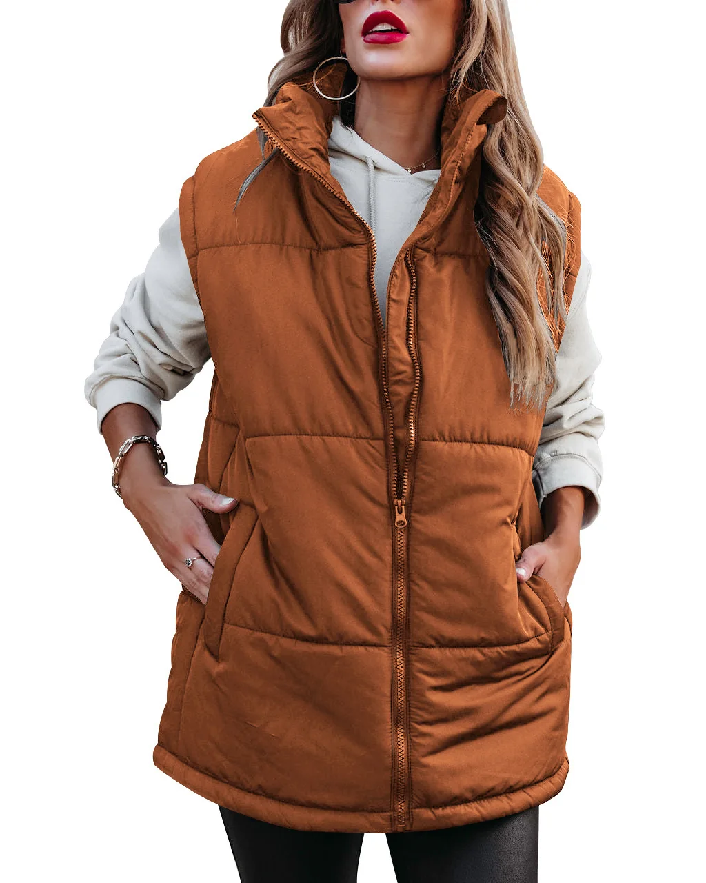 

Autumn Winter New Women's Clothing Solid Color Zipper Fashion Warm Jacket Collar Cotton Padded Coat Vest Parka
