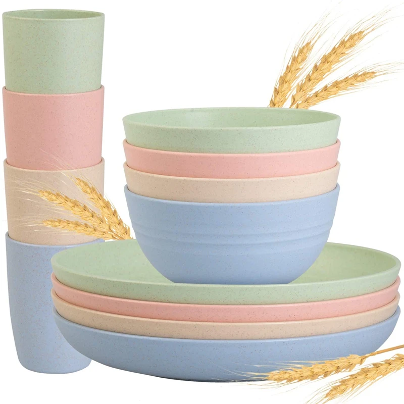 

12pcs Wheat Straw Dinnerware Sets Bowl+Plate+Cup Tableware BPA Free Kids Dishes Baby Eating Dinnerware Set Unbreakable Bowls