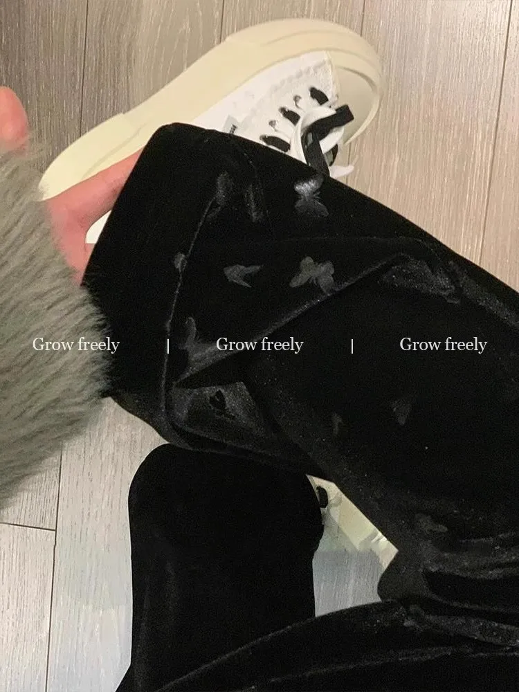 Plus Size w Freely Black Print Velvet Casual Pants Women Autumn and Winter Fleece-lined High Waist Slimming Straight